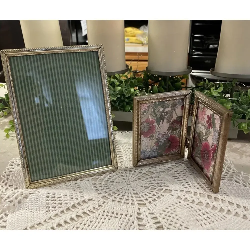 Vintage MCM Ornate Brass Gold Tone Photo Frame 3.25x4.25 Bi-Fold Double & 5x7